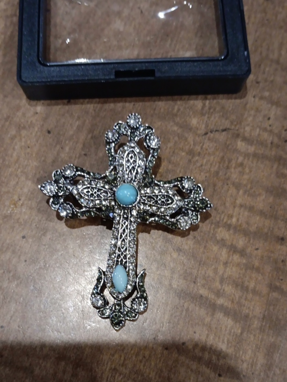 Silver Filigree Cross Brooch with Light Blue Stones - Women Jewelry